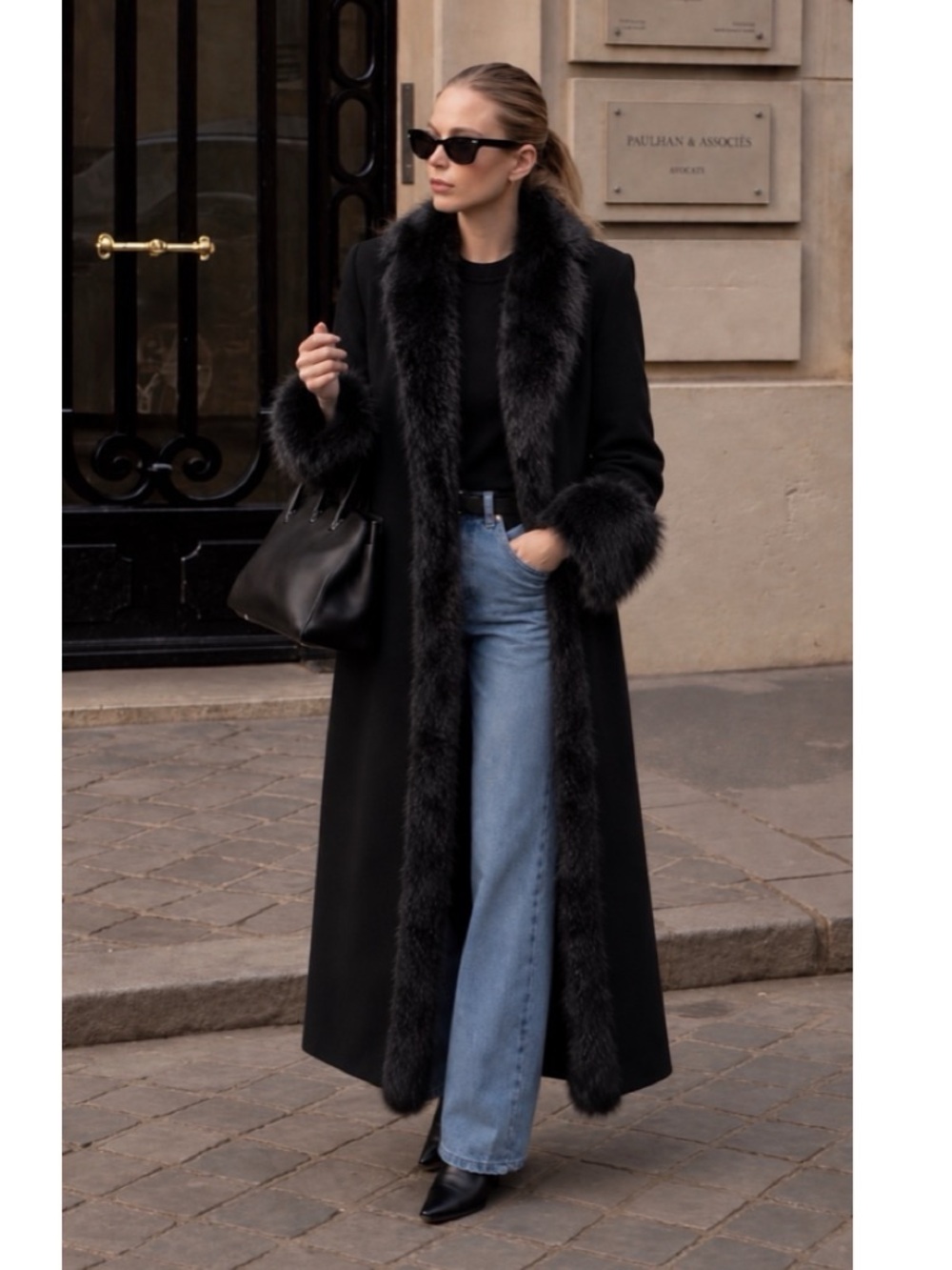 Vintage Marvin Richards Black Wool Cashmere Coat Genuine Fox Fur Trim
